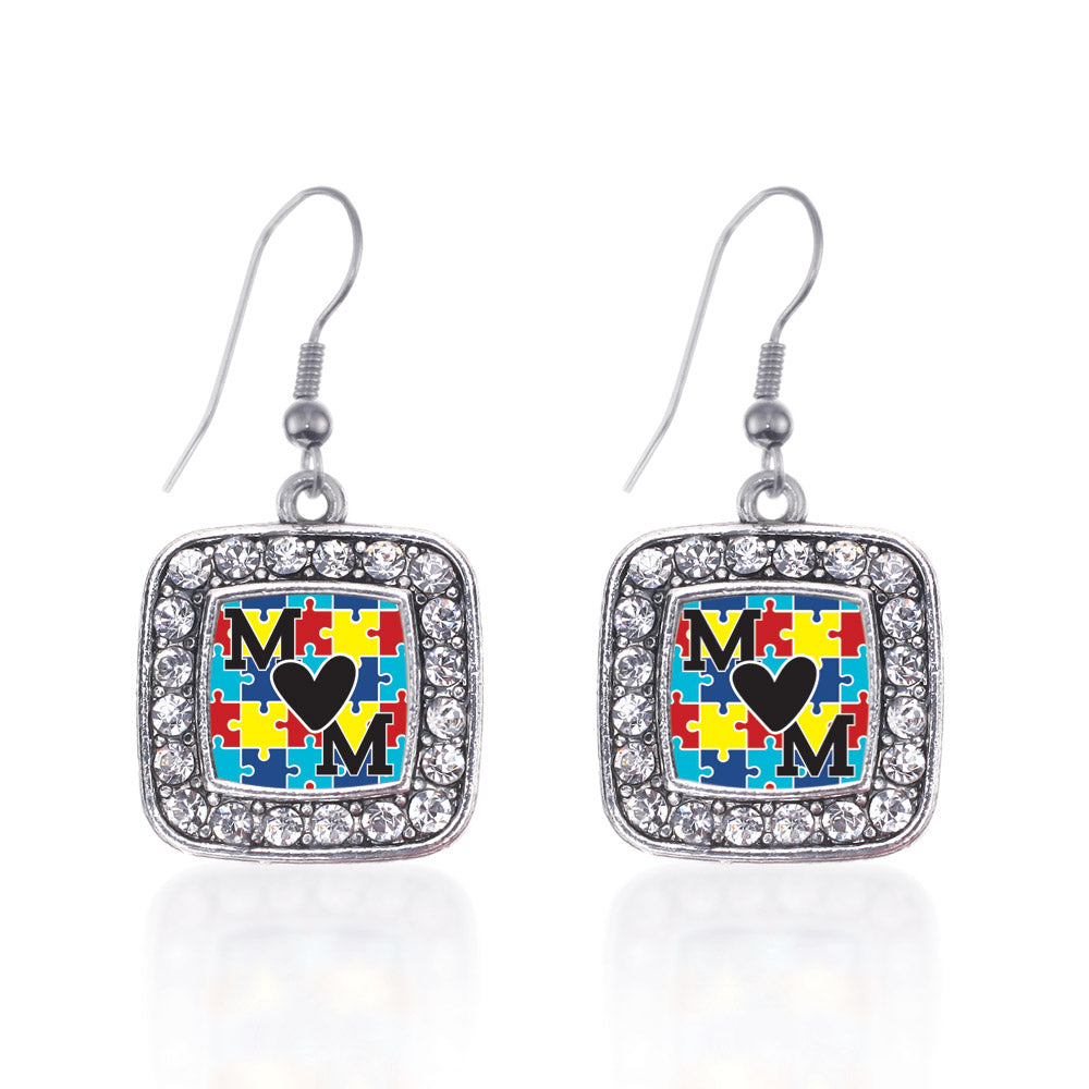 Silver Autism Mom Square Charm Dangle Earrings