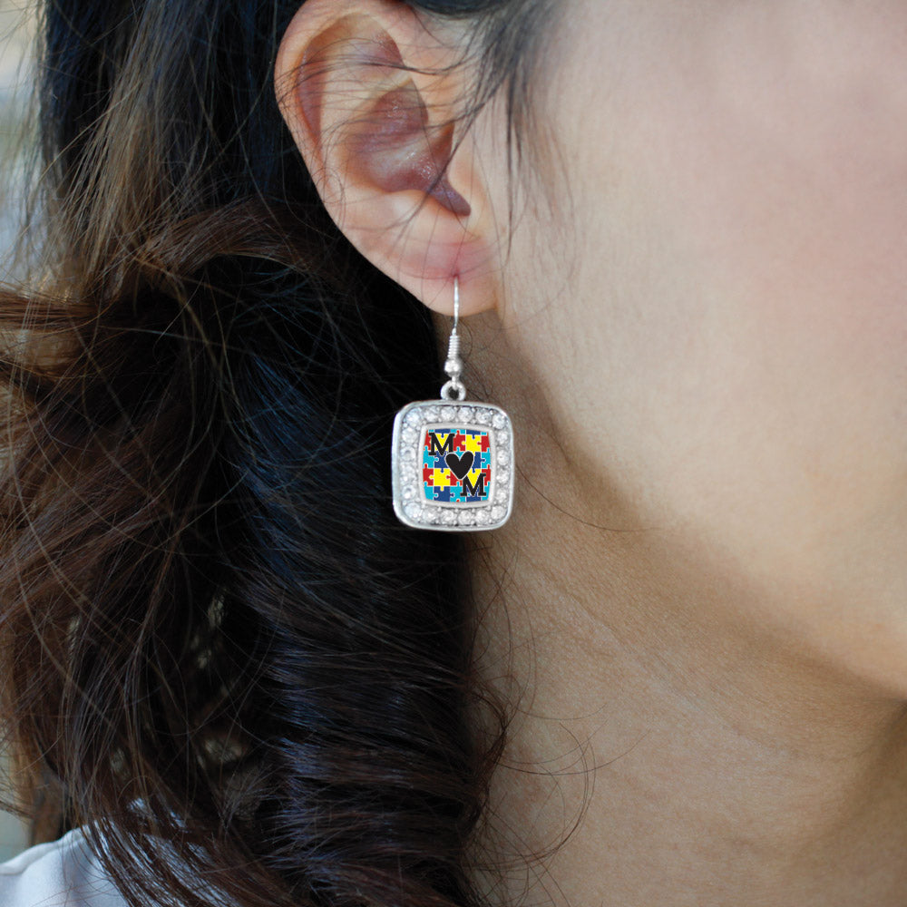Silver Autism Mom Square Charm Dangle Earrings