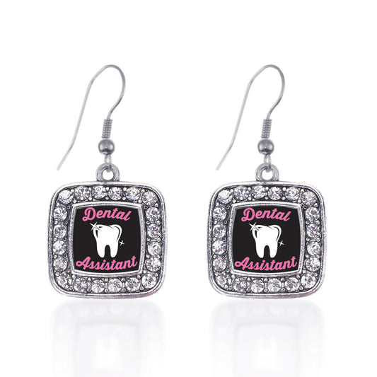 Silver Dental Assistant Square Charm Dangle Earrings