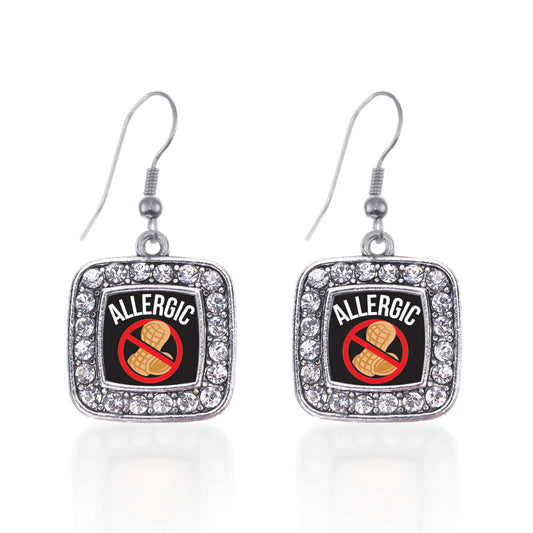 Silver Peanut Allergy Square Charm Dangle Earrings