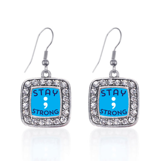 Silver Stay Strong Semicolon Movement Square Charm Dangle Earrings