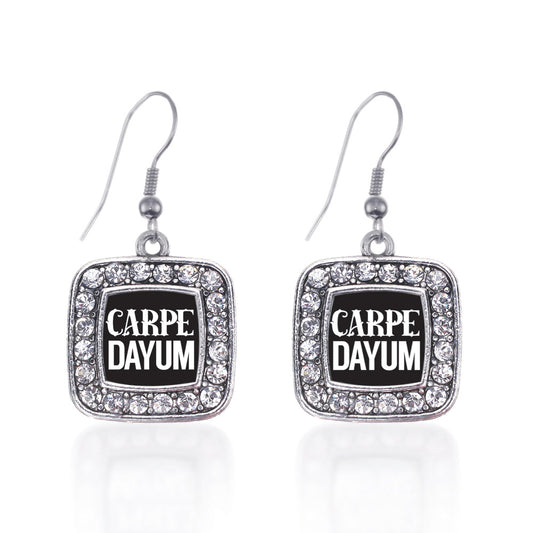 Silver Carpe-DAYUM Square Charm Dangle Earrings