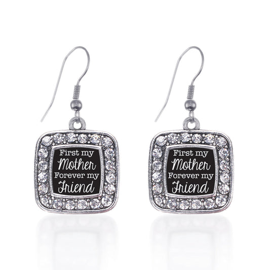 Silver First My Mother Forever My Friend Square Charm Dangle Earrings