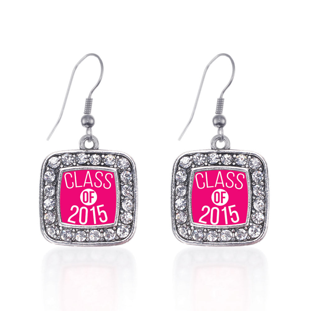 Silver Hot Pink Class of 2015 Square Charm Dangle Earrings