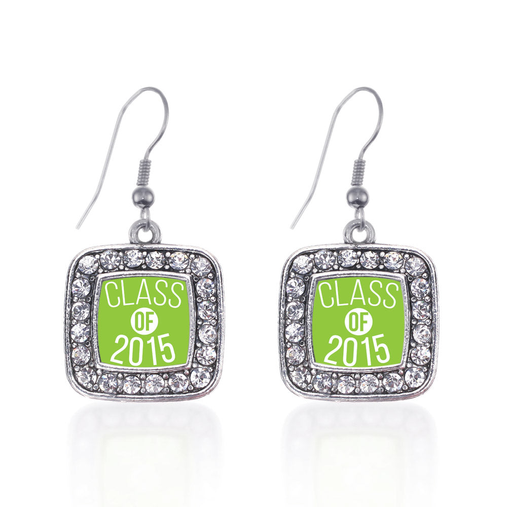 Silver Lime Green Class of 2015 Square Charm Dangle Earrings