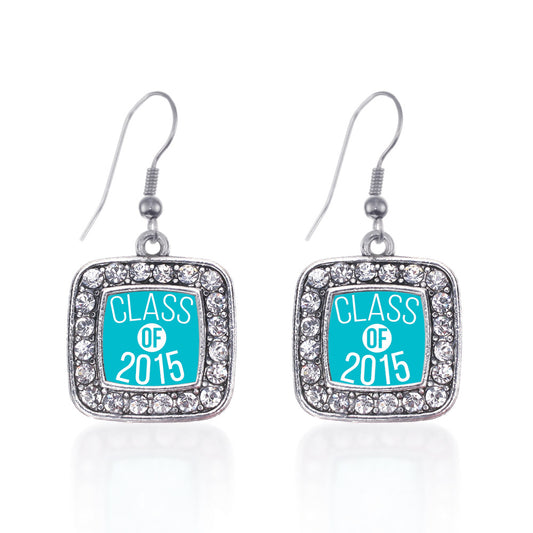 Silver Teal Class of 2015 Square Charm Dangle Earrings