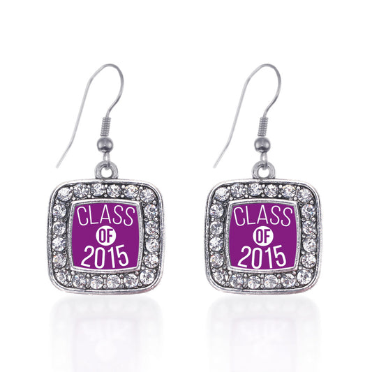 Silver Purple Class of 2015 Square Charm Dangle Earrings