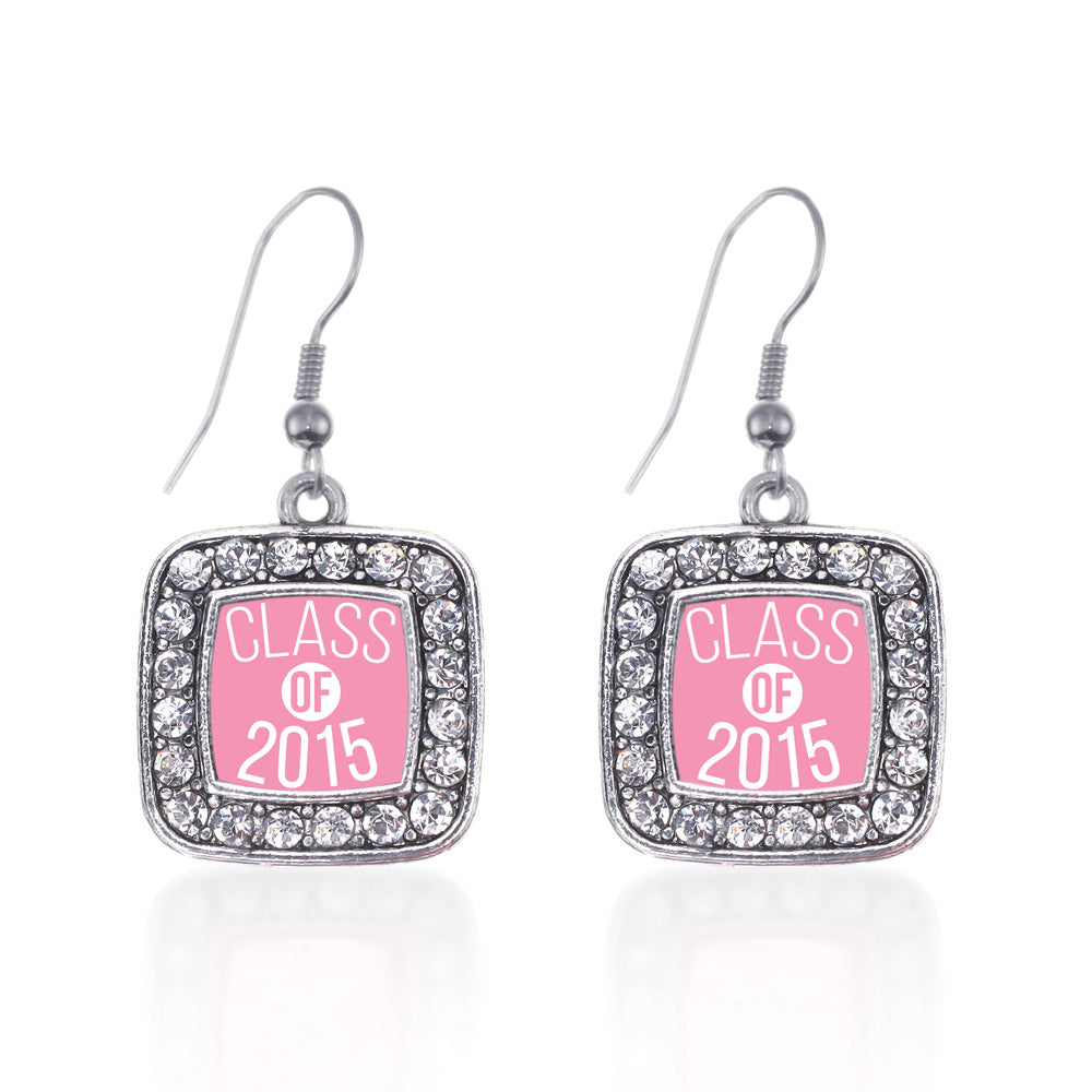Silver Light Pink Class of 2015 Square Charm Dangle Earrings