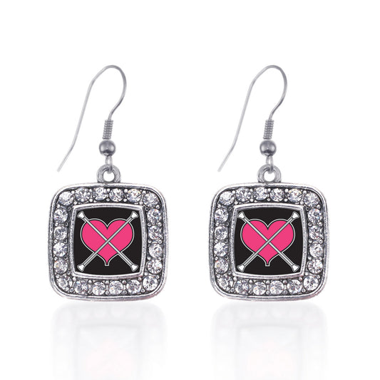 Silver Baton Twirling Square Charm Dangle Earrings
