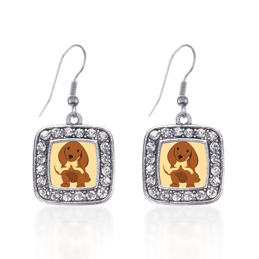 Silver Cute Little Dachshund Square Charm Dangle Earrings