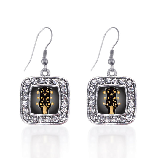 Silver Legendary Guitar Square Charm Dangle Earrings