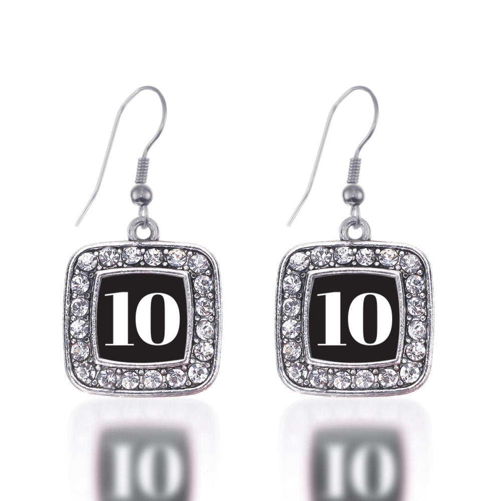 Silver Sport Number 10 Square Charm Dangle Earrings