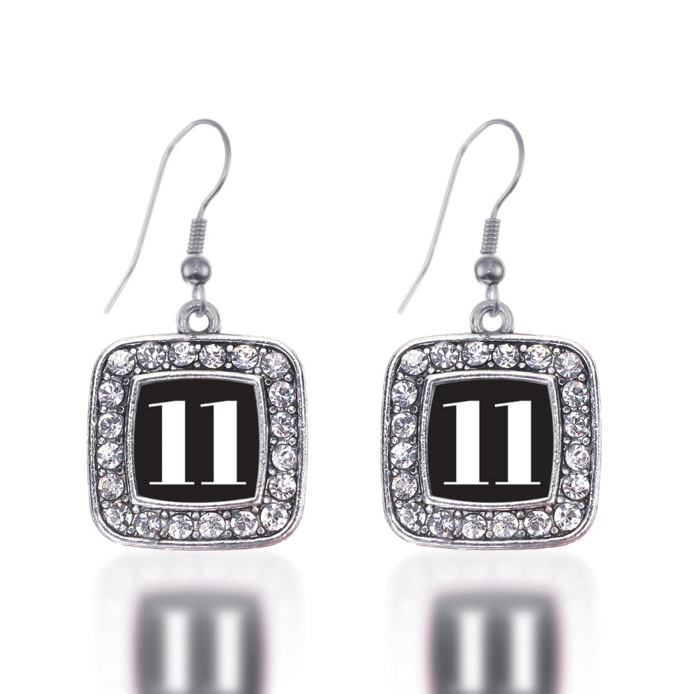 Silver Sport Number 11 Square Charm Dangle Earrings