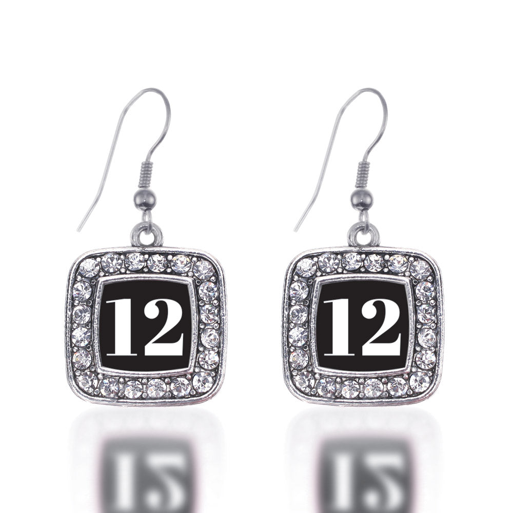 Silver Sport Number 12 Square Charm Dangle Earrings