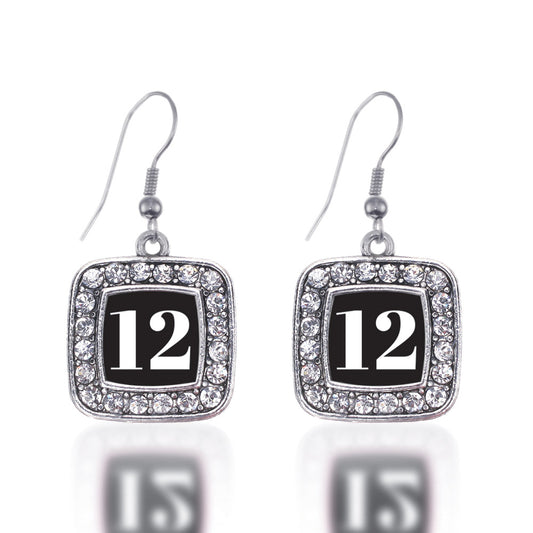 Silver Sport Number 12 Square Charm Dangle Earrings