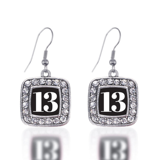 Silver Sport Number 13 Square Charm Dangle Earrings