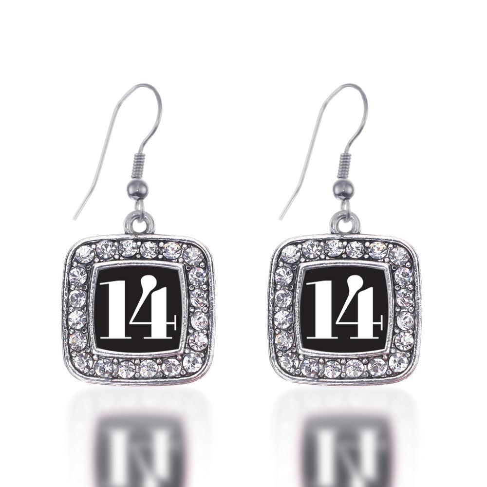 Silver Sport Number 14 Square Charm Dangle Earrings