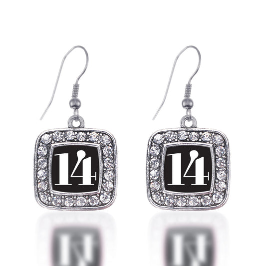 Silver Sport Number 14 Square Charm Dangle Earrings