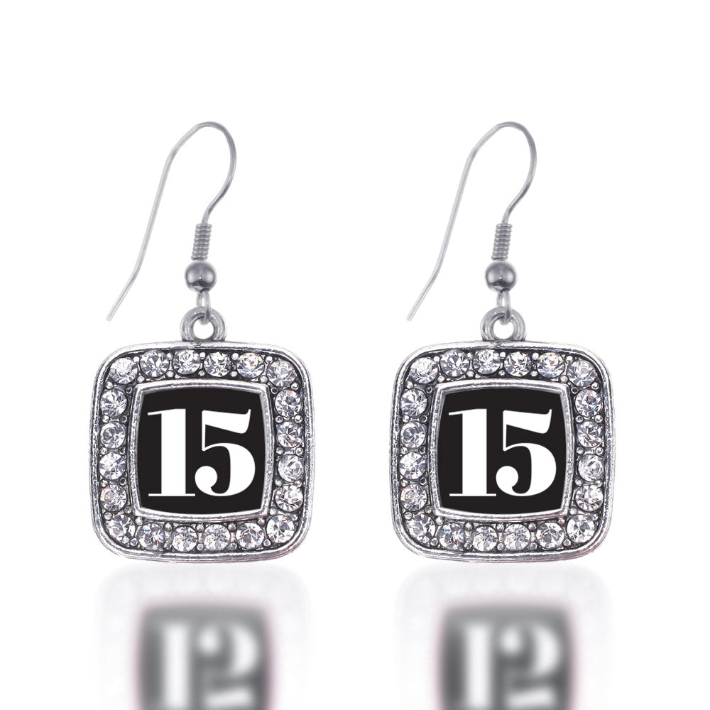 Silver Sport Number 15 Square Charm Dangle Earrings