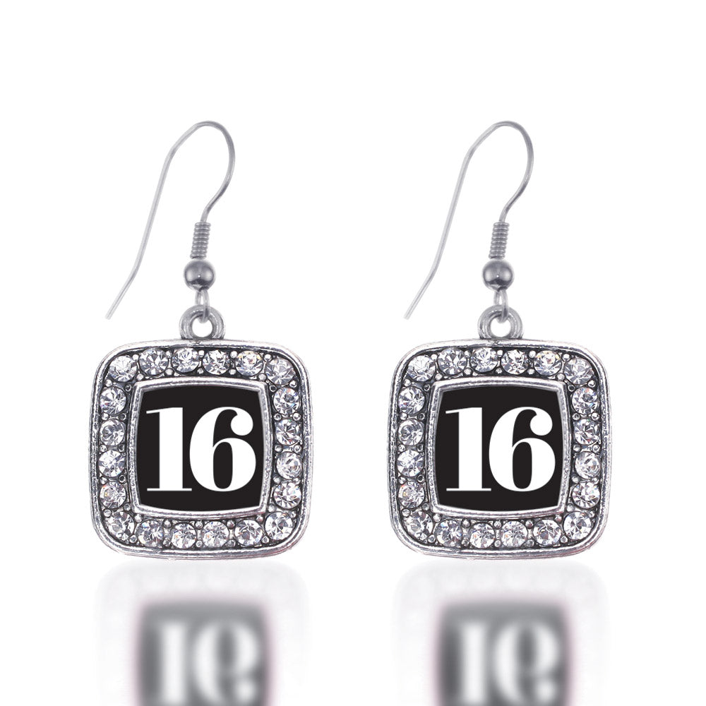 Silver Sport Number 16 Square Charm Dangle Earrings