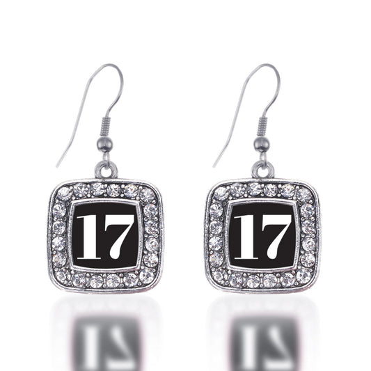 Silver Sport Number 17 Square Charm Dangle Earrings