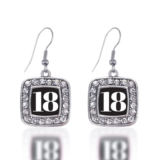 Silver Sport Number 18 Square Charm Dangle Earrings