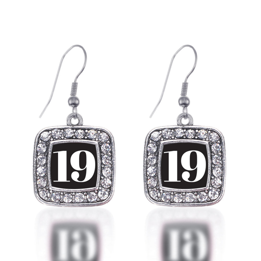Silver Sport Number 19 Square Charm Dangle Earrings