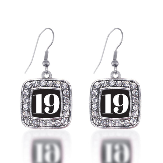 Silver Sport Number 19 Square Charm Dangle Earrings