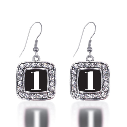 Silver Sport Number 1 Square Charm Dangle Earrings