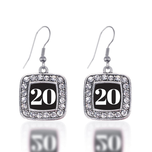 Silver Sport Number 20 Square Charm Dangle Earrings