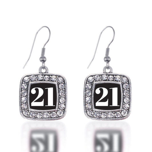 Silver Sport Number 21 Square Charm Dangle Earrings