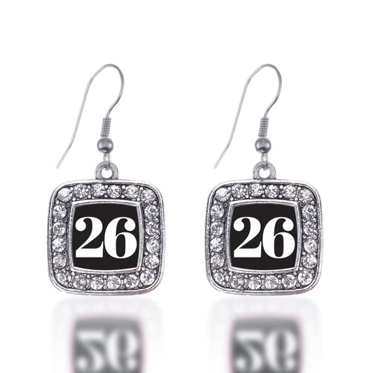 Silver Sport Number 26 Square Charm Dangle Earrings