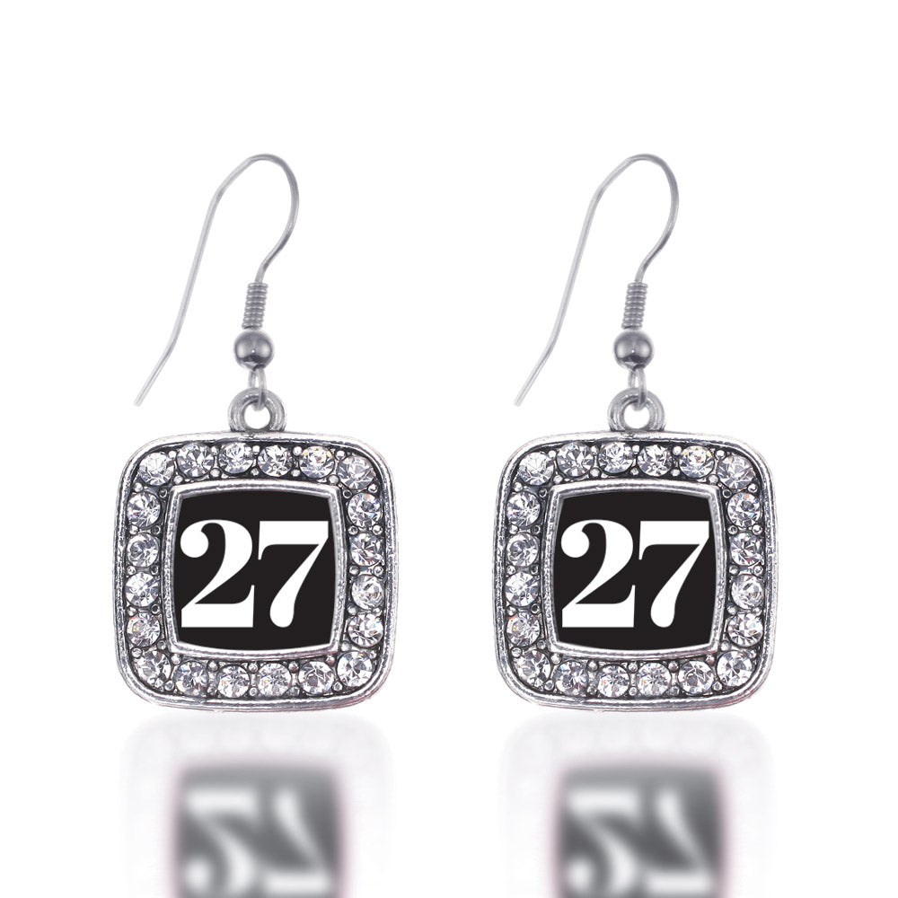 Silver Sport Number 27 Square Charm Dangle Earrings