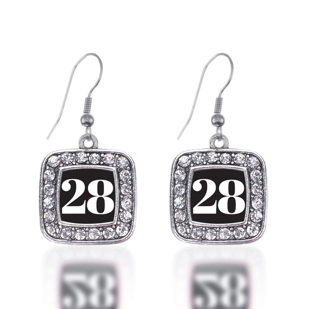 Silver Sport Number 28 Square Charm Dangle Earrings