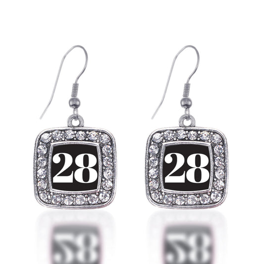 Silver Sport Number 28 Square Charm Dangle Earrings