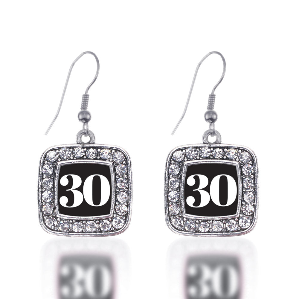 Silver Sport Number 30 Square Charm Dangle Earrings