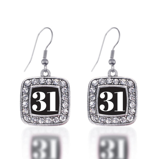 Silver Sport Number 31 Square Charm Dangle Earrings