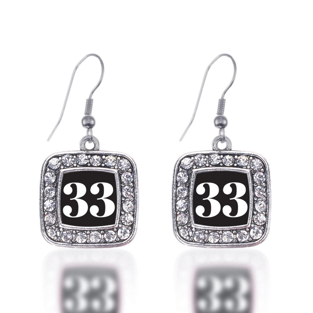 Silver Sport Number 33 Square Charm Dangle Earrings