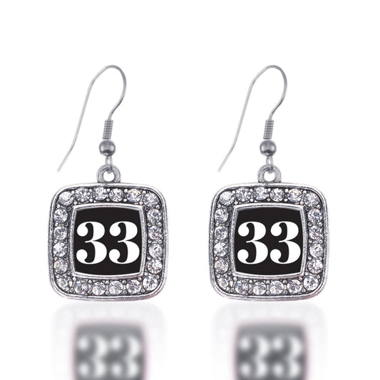 Silver Sport Number 33 Square Charm Dangle Earrings