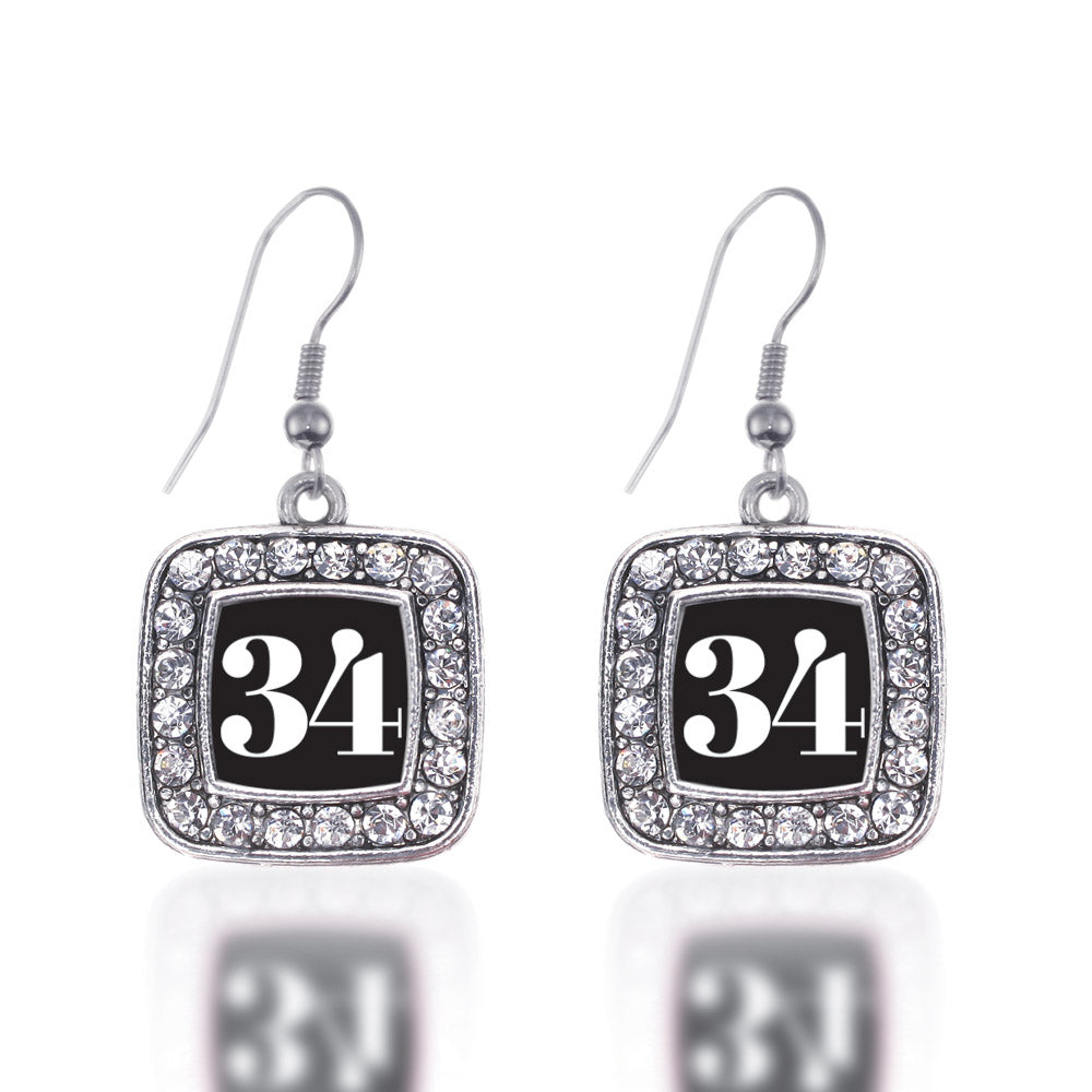 Silver Sport Number 34 Square Charm Dangle Earrings