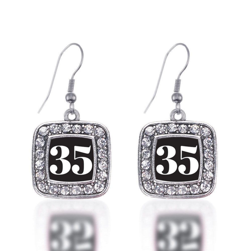 Silver Sport Number 35 Square Charm Dangle Earrings