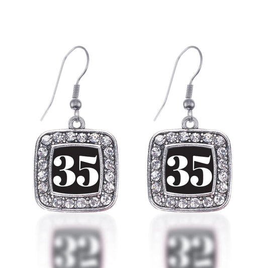 Silver Sport Number 35 Square Charm Dangle Earrings