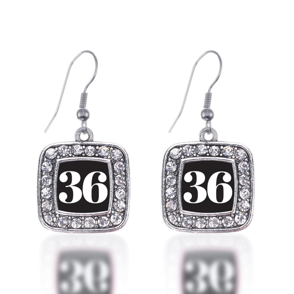 Silver Sport Number 36 Square Charm Dangle Earrings