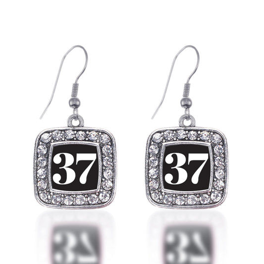 Silver Sport Number 37 Square Charm Dangle Earrings