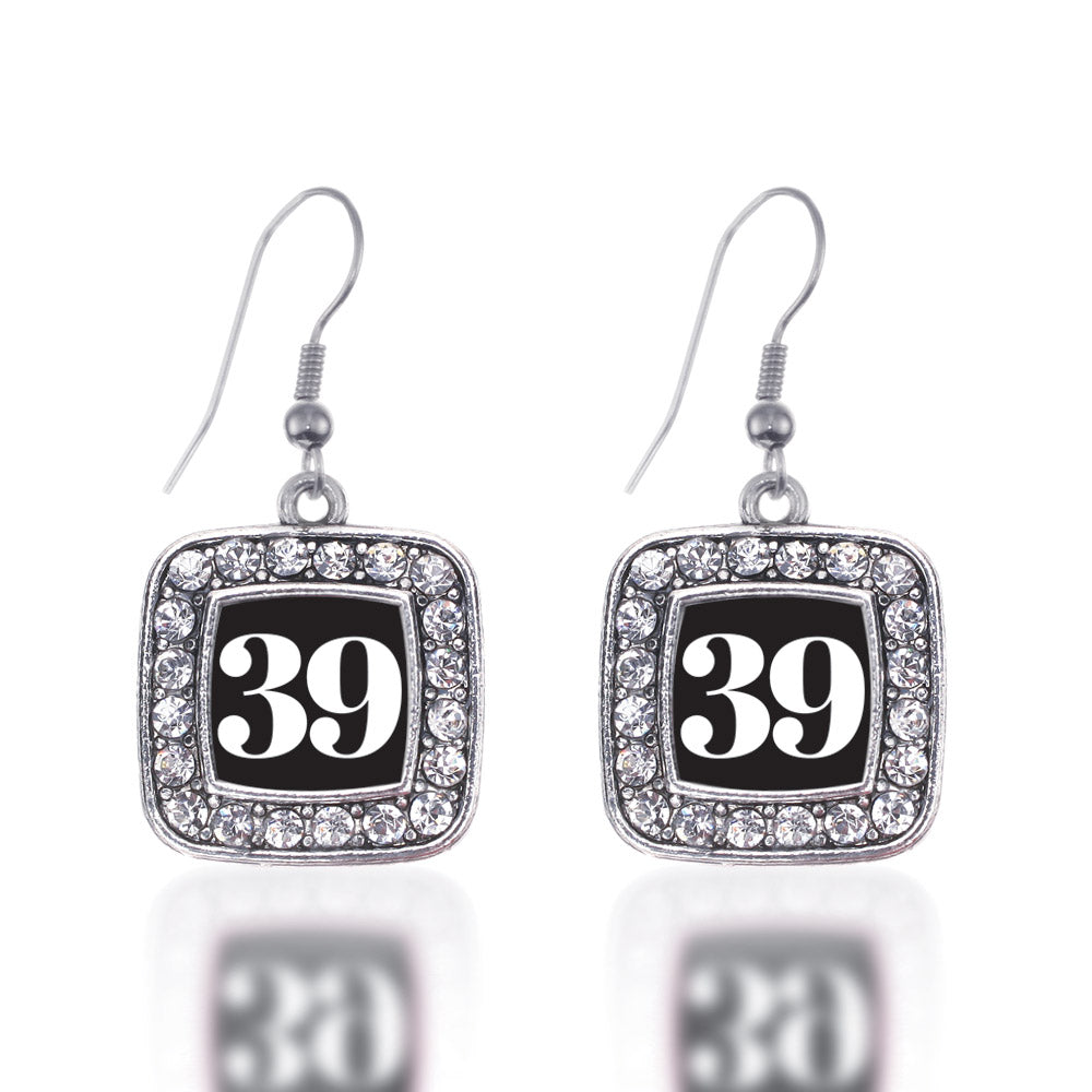 Silver Sport Number 39 Square Charm Dangle Earrings