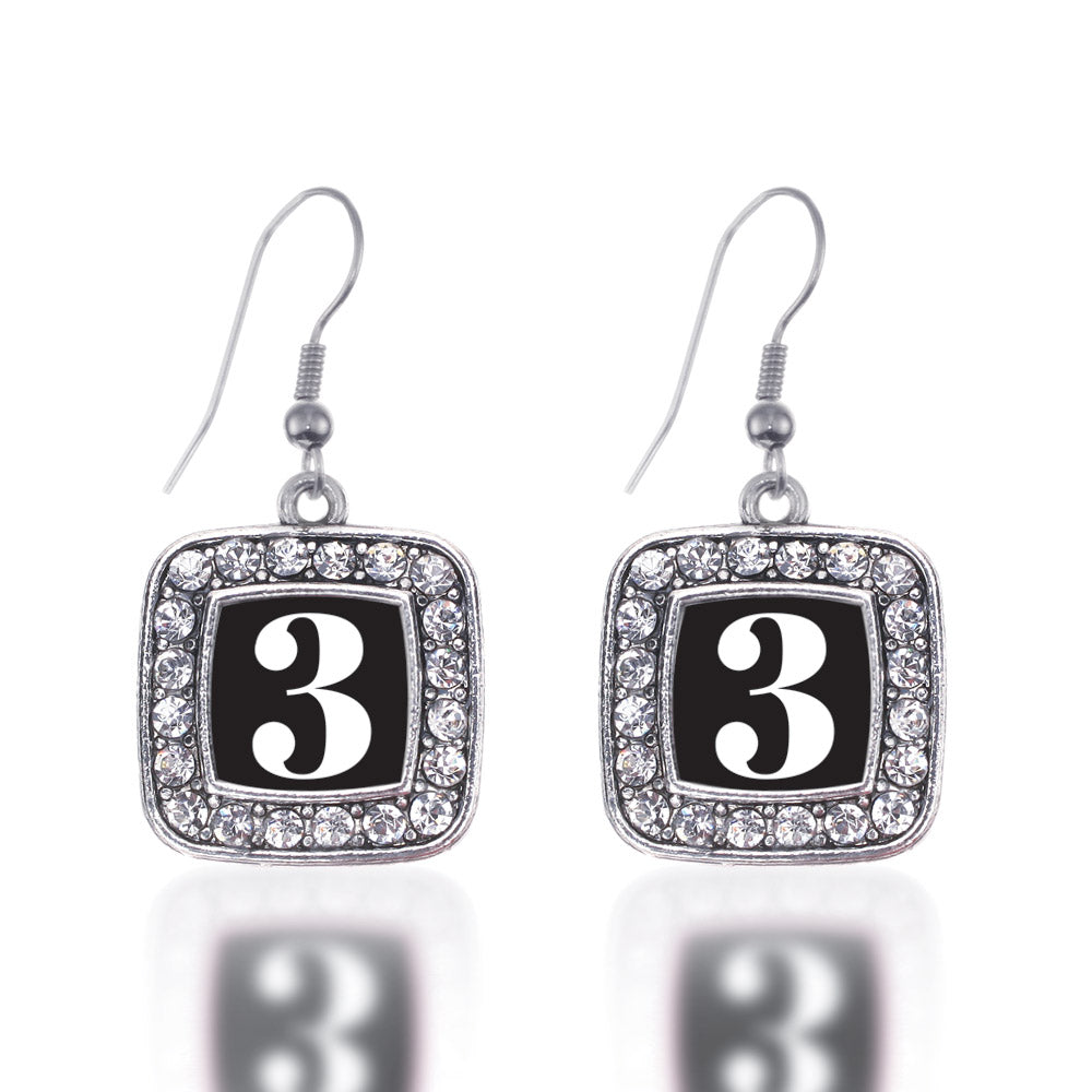 Silver Sport Number 3 Square Charm Dangle Earrings