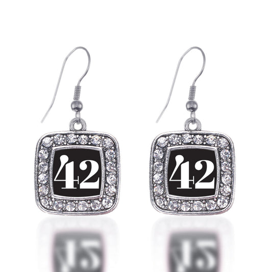 Silver Sport Number 42 Square Charm Dangle Earrings