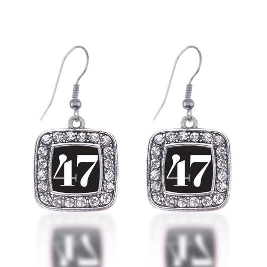 Silver Sport Number 47 Square Charm Dangle Earrings