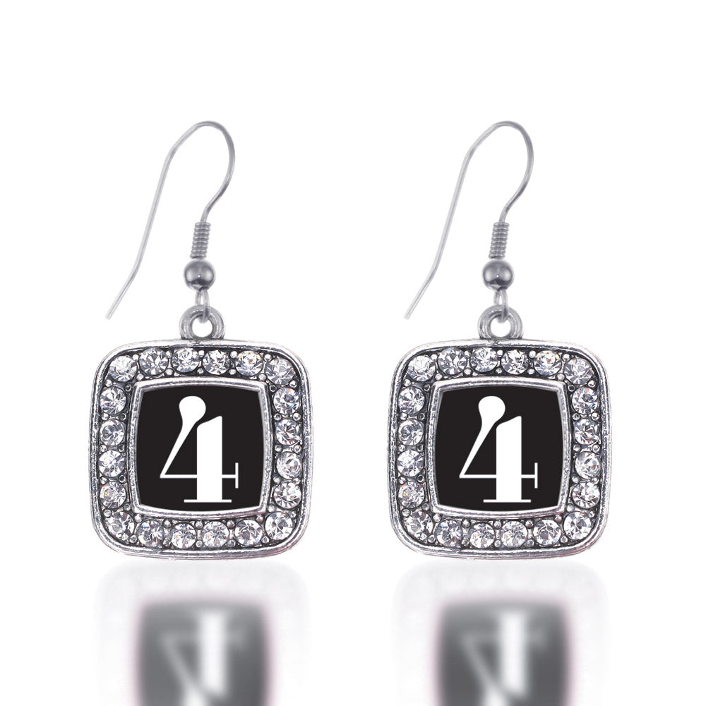 Silver Sport Number 4 Square Charm Dangle Earrings