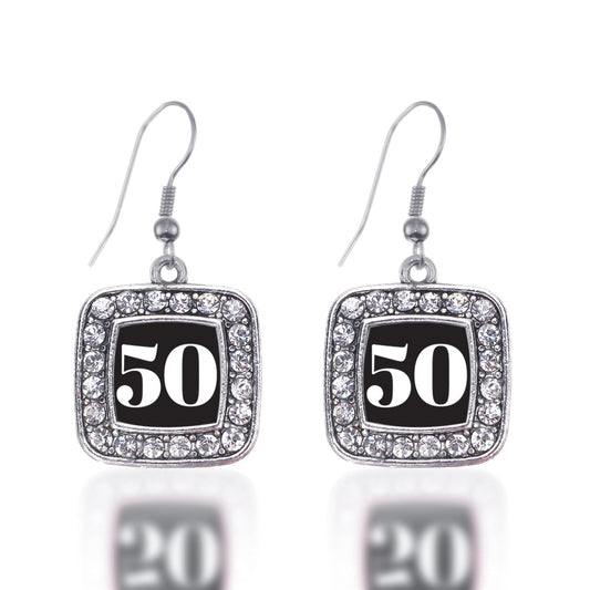 Silver Sport Number 50 Square Charm Dangle Earrings